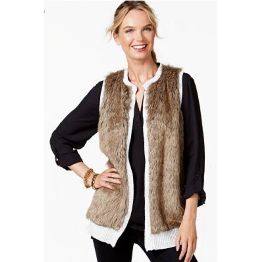 NY Collection Women Faux Fur Open Front Knit Back Vest Size S